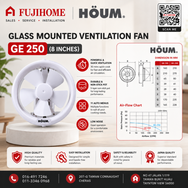 HÖUM Glass Mounted Ventilation Fan GE150 / GE250 (6" / 8") 玻璃安装式排气扇